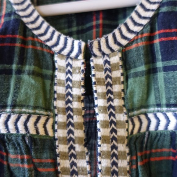 J. Crew 07599 Green Holiday Tartan Plaid Embroidered Popover V Neck Blouse 0 - Picture 7 of 14